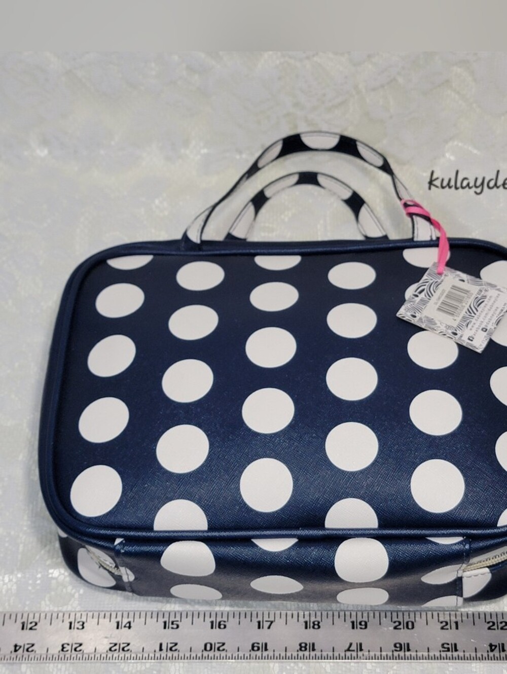 Dabney Lee Navy Blue White Polka Dot Cosmetic Travel Large Toiletry Bag Zip Tote - Picture 8 of 16